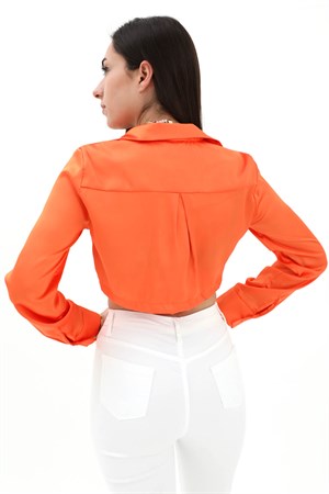 Beli Lastikli Saten Gömlek - Turuncu