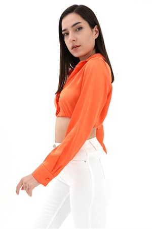 Beli Lastikli Saten Gömlek - Turuncu