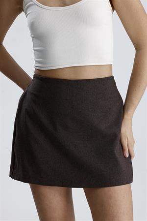 Beli Lastikli Yandan Fermuarlı Şort Etek - Kahve