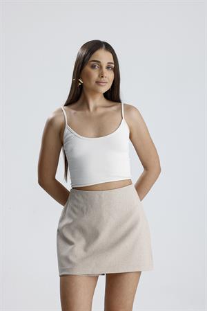 Beli Lastikli Yandan Fermuarlı Şort Etek - Bej