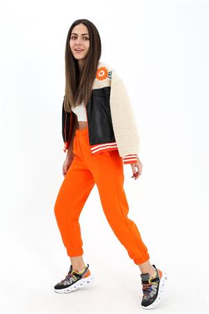 Beli ve Paçası Lastikli Yüksek Bel Üç İplik Eşofman Altı - Oranj