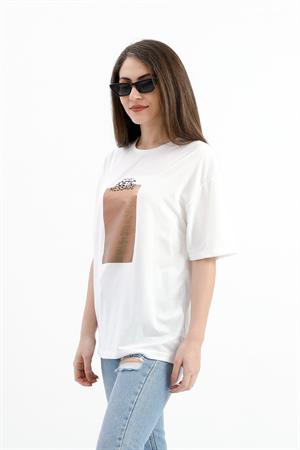 Bisiklet Yaka Baskılı T-shirt - Ekru