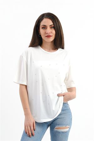 Bisiklet Yaka Halka Ve Boncuk Detaylı T-shirt - Ekru