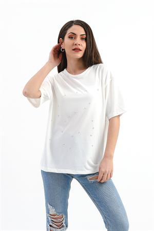 Bisiklet Yaka Halka Ve Boncuk Detaylı T-shirt - Ekru