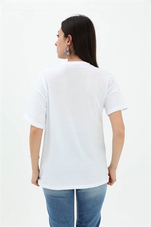 Bisiklet Yaka Kovboy Şapkalı Süprem T-shirt - Beyaz