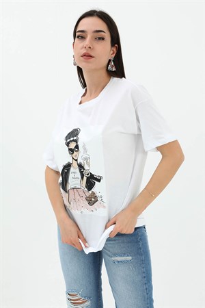 Bisiklet Yaka Taş Detaylı Süprem T-shirt - Beyaz