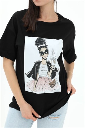Bisiklet Yaka Taş Detaylı Süprem T-shirt - Siyah