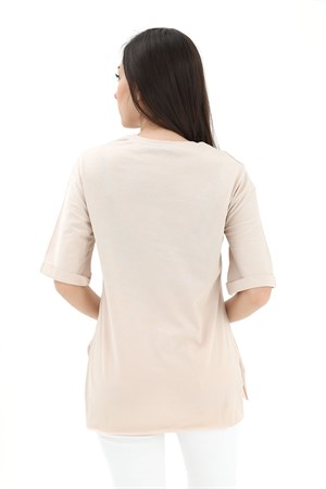 Bisiklet Yaka Yüz Basklı T-Shirt - Bej