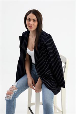 Blazer Ceket Çizgili Atlas Kumaş - Koyu Lacivert