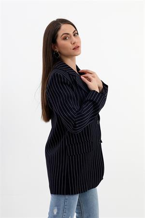 Blazer Ceket Çizgili Atlas Kumaş - Koyu Lacivert