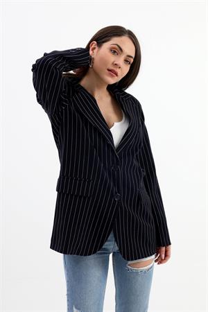 Blazer Ceket Çizgili Atlas Kumaş - Koyu Lacivert