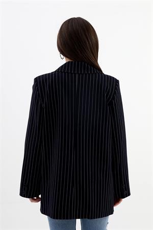Blazer Ceket Çizgili Atlas Kumaş - Koyu Lacivert