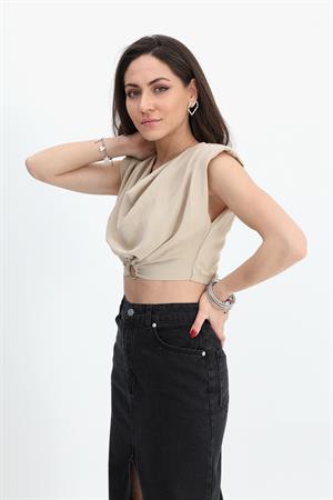 Bluz Omuzları Vatkalı Beli Lastikli Halka Detaylı - Bej