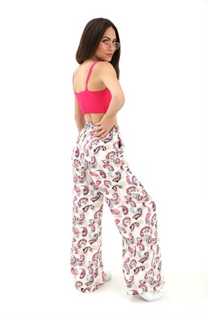 Bol Paça Renkli Baskı Keten Pantolon - Fuşya