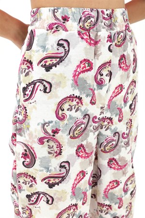 Bol Paça Renkli Baskı Keten Pantolon - Fuşya