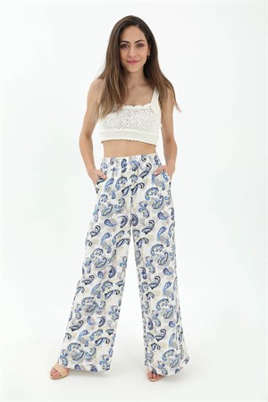 Bol Paça Renkli Baskı Keten Pantolon - Mavi