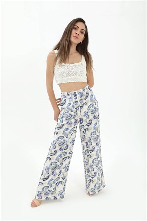 Bol Paça Renkli Baskı Keten Pantolon - Mavi