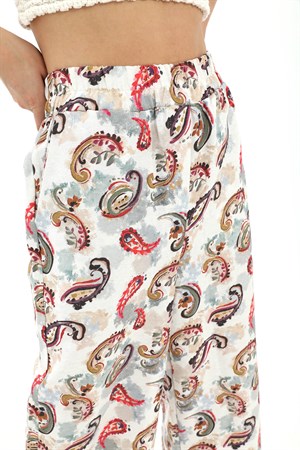 Bol Paça Renkli Baskı Keten Pantolon - Mint Yeşili