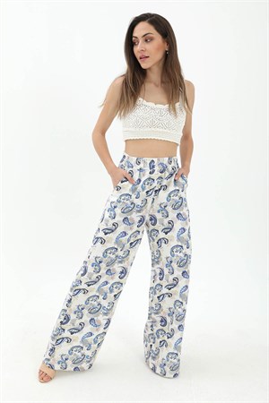 Bol Paça Renkli Baskı Keten Pantolon - Mavi