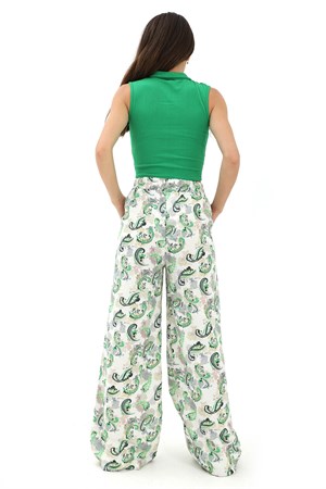 Bol Paça Renkli Baskı Keten Pantolon - Yeşil