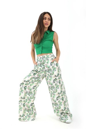 Bol Paça Renkli Baskı Keten Pantolon - Yeşil