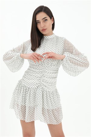 Büzgülü Puantiyeli Şifon Elbise - Ekru