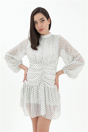 Büzgülü Puantiyeli Şifon Elbise - Ekru