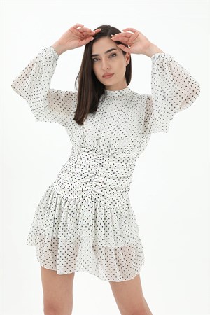 Büzgülü Puantiyeli Şifon Elbise - Ekru