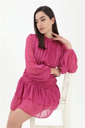 Büzgülü Puantiyeli Şifon Elbise - Fuşya