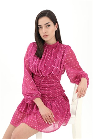 Büzgülü Puantiyeli Şifon Elbise - Fuşya