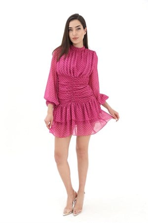 Büzgülü Puantiyeli Şifon Elbise - Fuşya