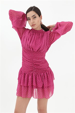 Büzgülü Puantiyeli Şifon Elbise - Fuşya
