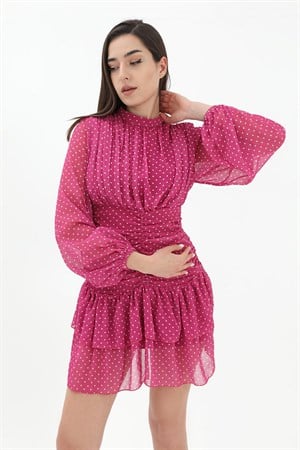Büzgülü Puantiyeli Şifon Elbise - Fuşya
