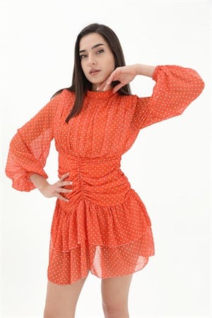 Büzgülü Puantiyeli Şifon Elbise - Turuncu