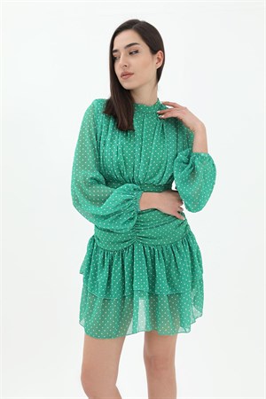 Büzgülü Puantiyeli Şifon Elbise - Yeşil