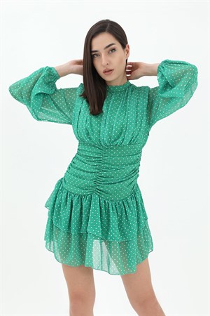Büzgülü Puantiyeli Şifon Elbise - Yeşil