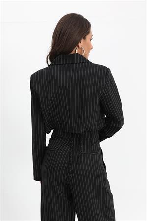 Ceket Kısa Vatkalı Fleto Cepli Çizgili - Siyah