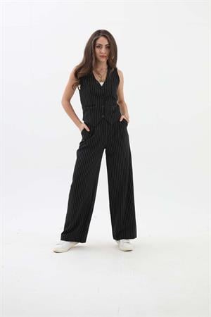 Cep Detaylı Çizgili Yelek - Siyah