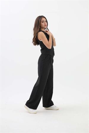 Cep Detaylı Çizgili Yelek - Siyah