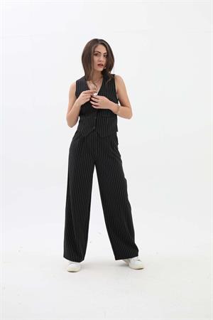 Cep Detaylı Çizgili Yelek - Siyah