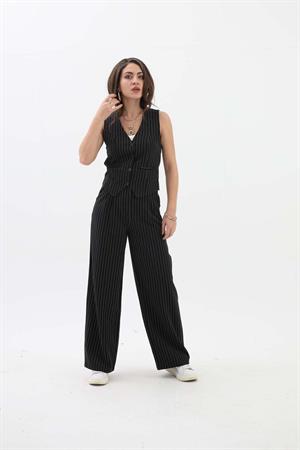 Cep Detaylı Çizgili Yelek - Siyah