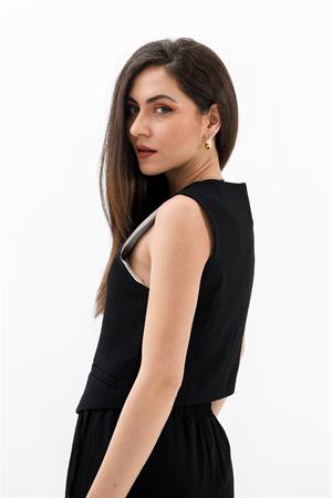 Cepleri Pensli Düğmeli Poliviskon Yelek - Siyah