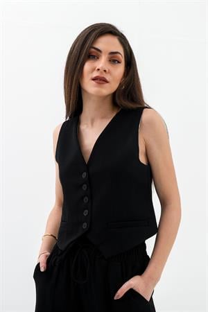 Cepleri Pensli Düğmeli Poliviskon Yelek - Siyah
