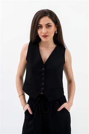 Cepleri Pensli Düğmeli Poliviskon Yelek - Siyah