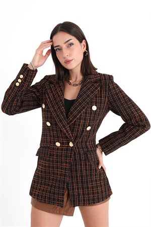 Chanel Kumaş Omuzları Vatkalı Ekose Desen Blazer Ceket - Turuncu