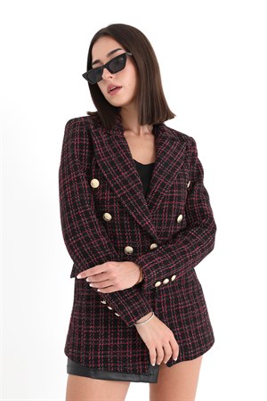 Chanel Kumaş Omuzları Vatkalı Ekose Desen Blazer Ceket - Fuşya