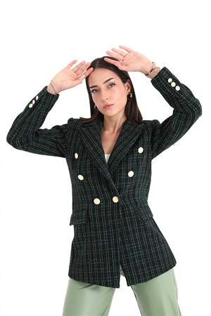 Chanel Kumaş Omuzları Vatkalı Ekose Desen Blazer Ceket - Yeşil