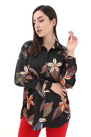 Çiçek Baskılı Saten Gömlek - Siyah