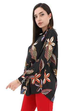 Çiçek Baskılı Saten Gömlek - Siyah