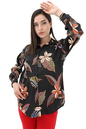 Çiçek Baskılı Saten Gömlek - Siyah